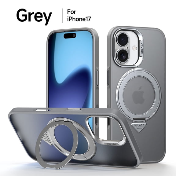 ELEHOLD Magnetic Case for 17, Compatible with Mag-safe,  Shockproof 360°Rotating Kickstand TPU Frame Matte PC Back Military Grade Phone Case for Men Women,Gray