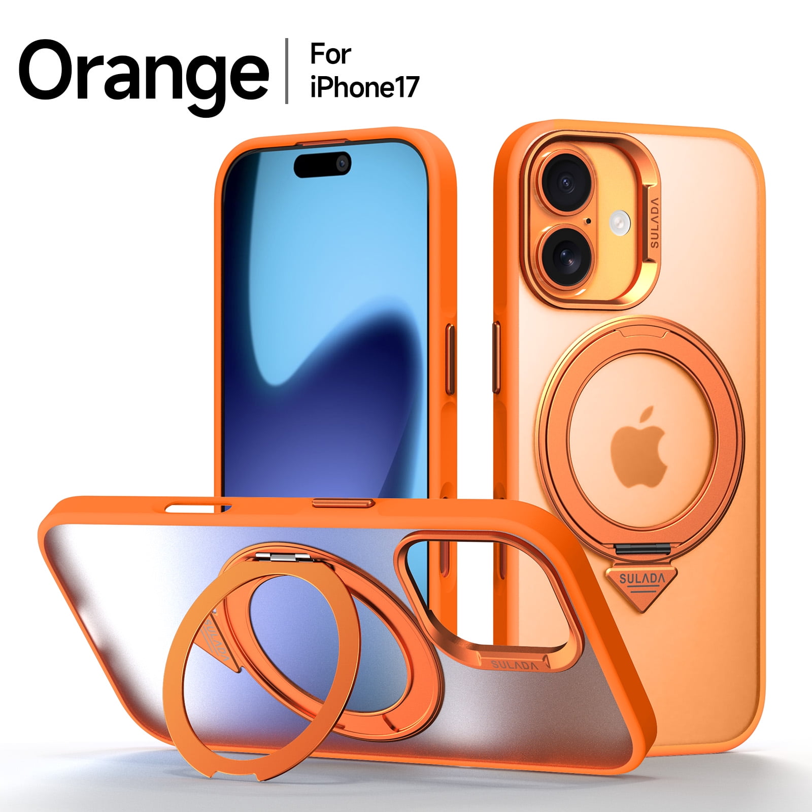 ELEHOLD Magnetic Case for 17, Compatible with Mag-safe,  Shockproof 360°Rotating Kickstand TPU Frame Matte PC Back Military Grade Phone Case for Men Women,Orange