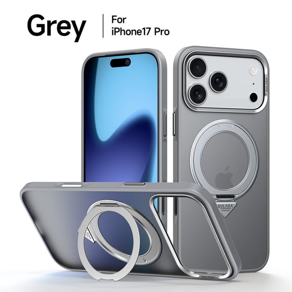 ELEHOLD Magnetic Case for 17 Pro, Compatible with Mag-safe,  Shockproof 360°Rotating Kickstand TPU Frame Matte PC Back Military Grade Phone Case for Men Women,Gray