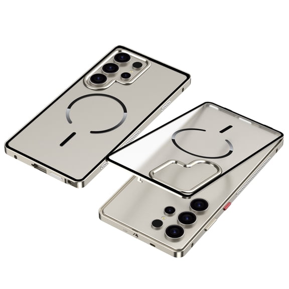 ELEHOLD Magnetic Case For Samsung Galaxy S25 Ultra, Shockproof Aluminum Metal Magnetic Clasp Dual-layer Frosted Translucent Rugged Case,Titanium