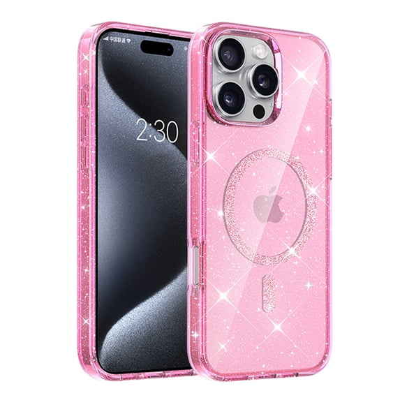 ELEHOLD Magnetic Case For iPhone 13 Pro Glitter Sparking Clear Shockproof Rugged Cover, Anti-Yellowing, MagSafe Compatible, Slim & Lightweight - Pink