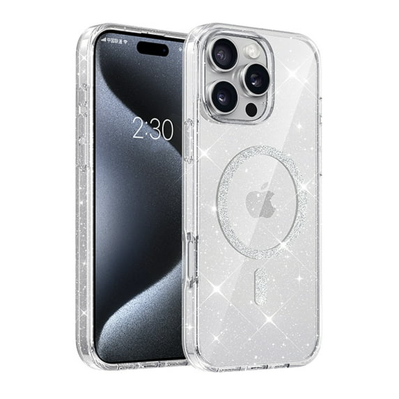 ELEHOLD Magnetic Case For iPhone 14 Glitter Sparking Clear Shockproof Rugged Cover, Anti-Yellowing, MagSafe Compatible, Slim & Lightweight - Clear