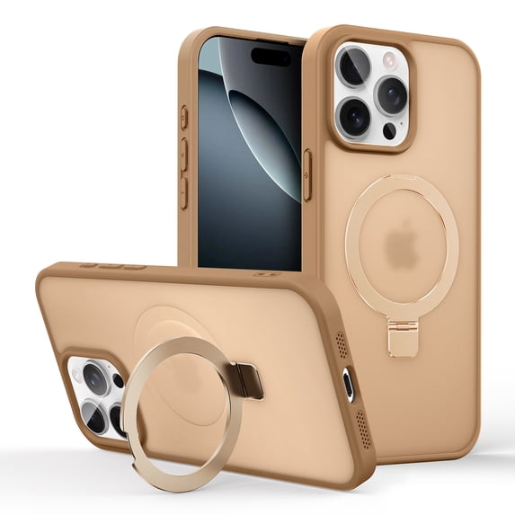 ELEHOLD Magnetic Case For iPhone 15 Frosted Skin-Friendly Shockproof Case, Ring Stand Rugged Cover, MagSafe Compatible, Semi-Transparent, Desertgold