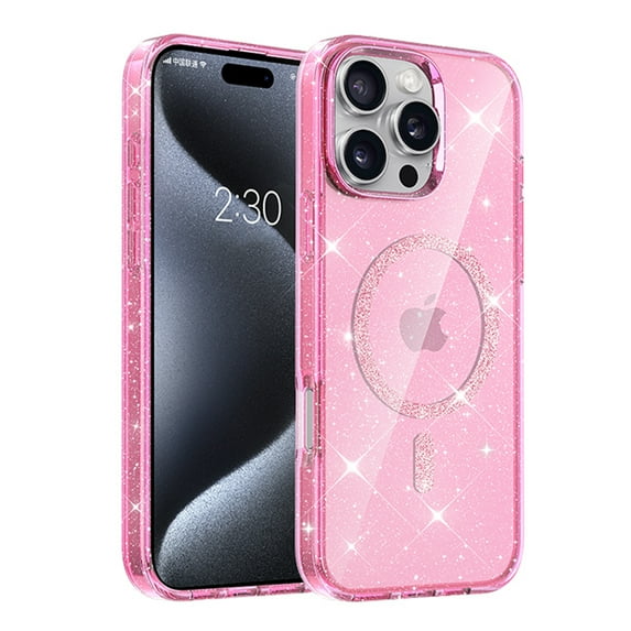 ELEHOLD Magnetic Case For iPhone 15 Glitter Sparking Clear Shockproof Rugged Cover, Anti-Yellowing, MagSafe Compatible, Slim & Lightweight - Pink