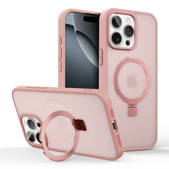 ELEHOLD Magnetic Case For iPhone 15 Pro Frosted Skin-Friendly Shockproof Case, Ring Stand Rugged Cover, MagSafe Compatible, Semi-Transparent, Pink