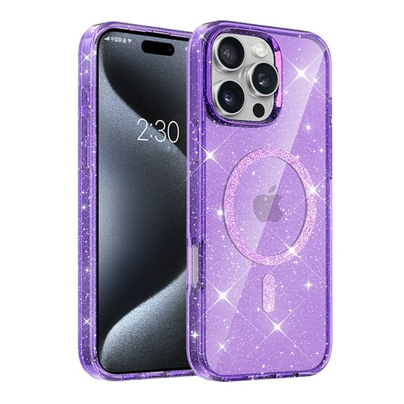 ELEHOLD Magnetic Case For iPhone 15 Pro Glitter Sparking Clear Shockproof Rugged Cover, Anti-Yellowing, MagSafe Compatible, Slim & Lightweight - Purple