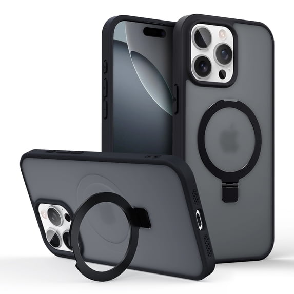 ELEHOLD Magnetic Case For iPhone 16 Plus Frosted Skin-Friendly Shockproof Case, Ring Stand Rugged Cover, MagSafe Compatible, Semi-Transparent, Black