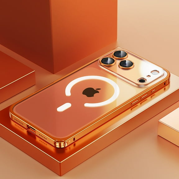 ELEHOLD Magnetic Case For iPhone 17 Pro with Lens Protector , Shockproof Rugged Clear PC Aluminum Alloy Metal Frame Protective Case,Orange