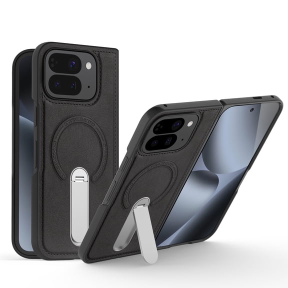 ELEHOLD Magnetic Case for Google Pixel 10 Pro Fold/Google Pixel 9 Pro Fold, Leather Texture Shockproof Cover with 360° Kickstand, Compatible with MagSafe Accessories,Black