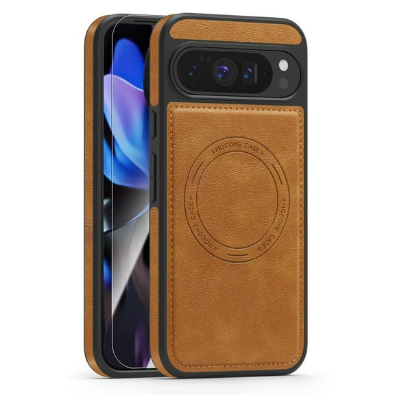 ELEHOLD Magnetic Case For Google Pixel 10 Pro XL, Shockproof Leather Magnetic Rugged Compatible with Mag-Safe Accessories Slim Phone Cover + Tempered Glass, Gray