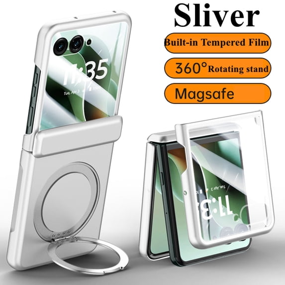 ELEHOLD Magnetic Case For Motorola Razr Ultra 2025/ Razr 60 Ultra with Kickstand, Built-in Tempered Glass Film, Mag-Safe Charging 360° Ring Holder Slim Foldable Shockproof Case Cover,Silver
