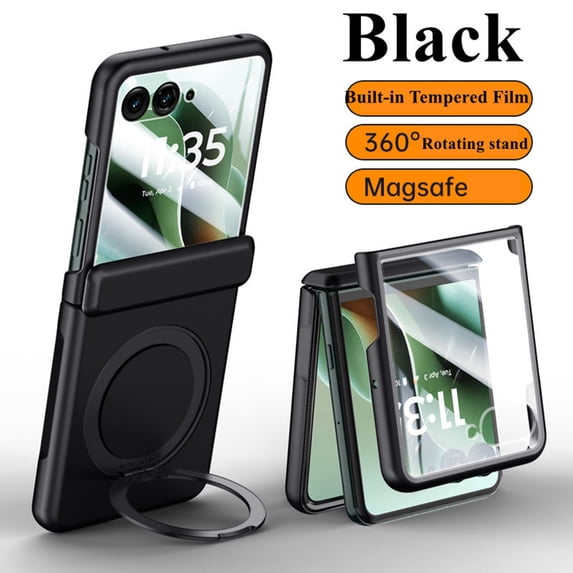ELEHOLD Magnetic Case For Motorola Razr Ultra 2025/ Razr 60 Ultra with Kickstand, Built-in Tempered Glass Film, Mag-Safe Charging 360° Ring Holder Slim Foldable Shockproof Case Cover,Black