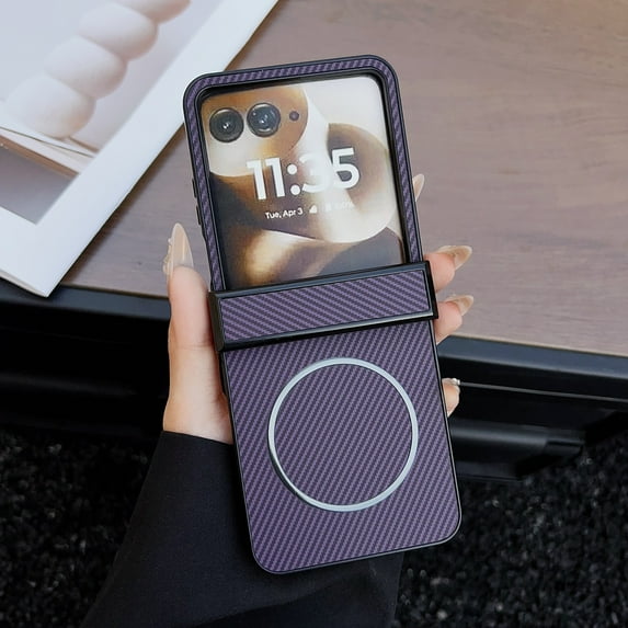 ELEHOLD Magnetic Case for Motorola Razr Ultra 2025/Razr 60 Ultra, Ultra-Slim Carbon Fiber Texture Cover Shockproof Protective Shell, Wireless Charging Ready,Purple
