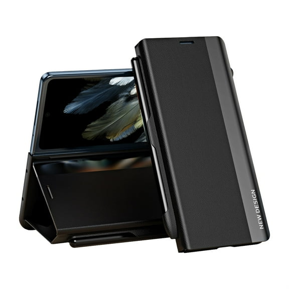 ELEHOLD Magnetic Case for OnePlus Open, Slim Flip Leather Case with Pen Slot Kickstand Function Complimentary Stylus Pen Full Body Protection Plating Shockproof Case for One Plus Open, Black