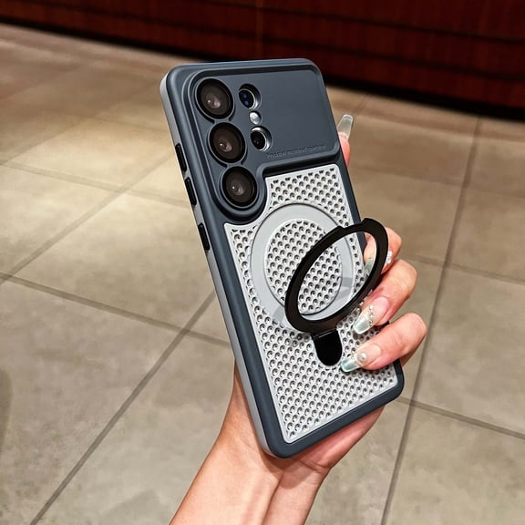 ELEHOLD Magnetic Case for Samsung Galaxy S26 Ultra, Slim Shockproof Mesh Cooling Heat Dissipation Cover with Kickstand, Built in Camera Lens Protector, Black