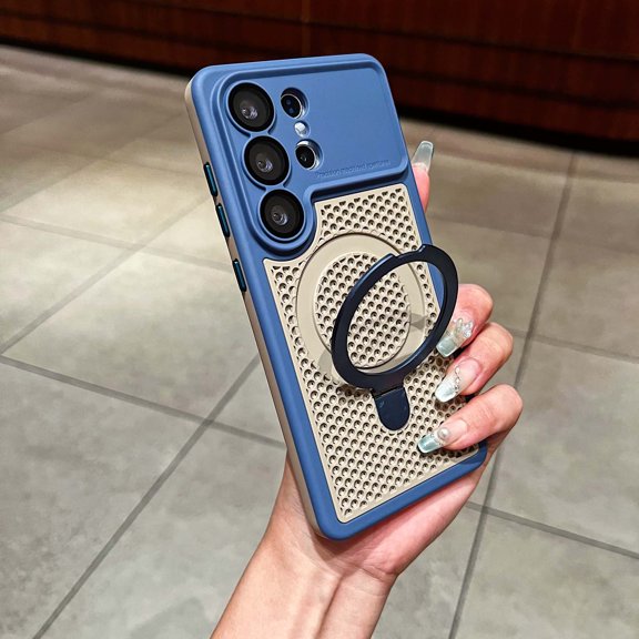 ELEHOLD Magnetic Case for Samsung Galaxy S26 Ultra, Slim Shockproof Mesh Cooling Heat Dissipation Cover with Kickstand, Built in Camera Lens Protector, Dark Blue