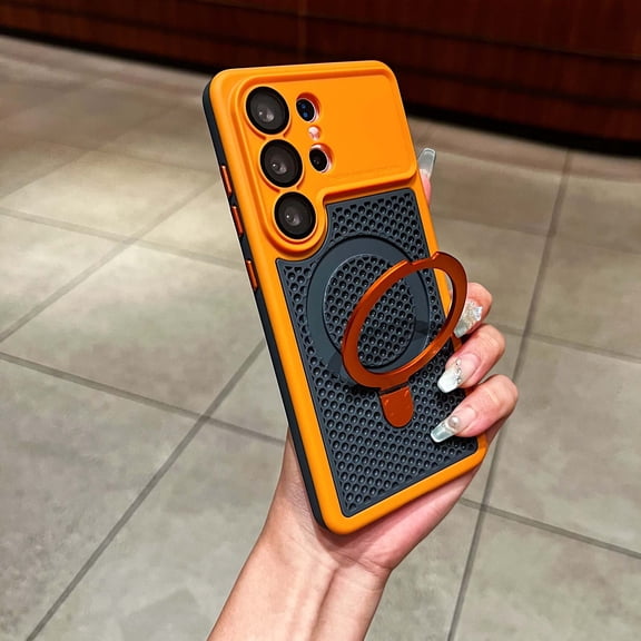 ELEHOLD Magnetic Case for Samsung Galaxy S26 Ultra, Slim Shockproof Mesh Cooling Heat Dissipation Cover with Kickstand, Built in Camera Lens Protector, Orange
