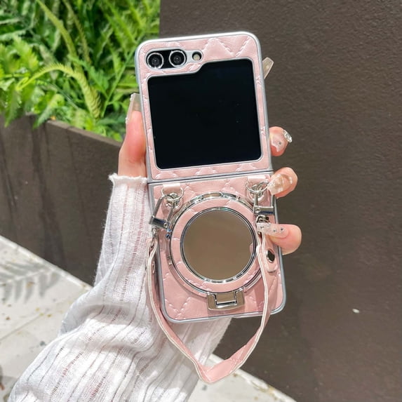 ELEHOLD Magnetic Case for Samsung Galaxy Z Flip 5 with Kickstand Ring , PU Leather Mirror Lanyard Strap Magnetic Wireless Charging Anti-Scratch Protective Case,Pink