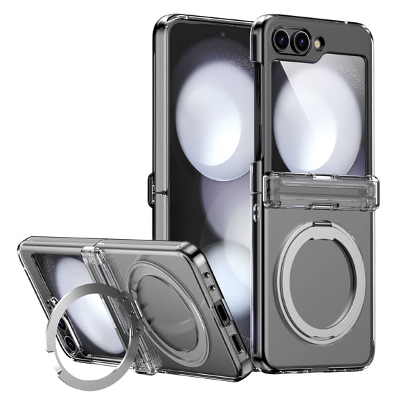 ELEHOLD Magnetic Case for Samsung Galaxy Z Flip 7, Shockproof Matte Ring Kickstand Hinge Protection Cover Hard PC Ruged Case for Samsung Galaxy Z Flip 7, Clear