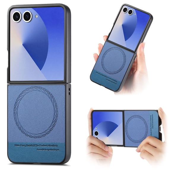 ELEHOLD Magnetic Case for Samsung Galaxy Z Flip 7,Slim Lightweight Faux Leather Non-Slip Rugged Anti-Scratch Shockproof Case, Wireless Charging Compatible,Blue
