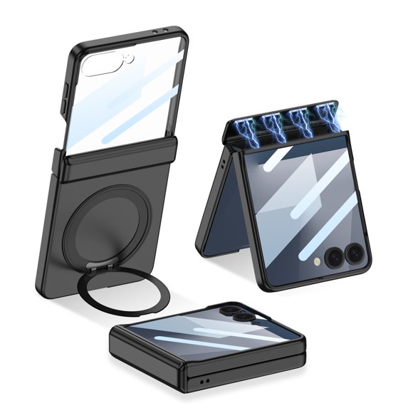 ELEHOLD Magnetic Case for Samsung Galaxy Z Flip 7 with Tempered Glass, Compatible Mag-Safe Accessories,Magnetic Hinge Cover Ring Kickstand Rugged Lightweight Shockproof Case, Black