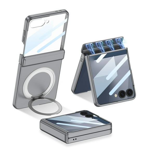 ELEHOLD Magnetic Case for Samsung Galaxy Z Flip 7 with Tempered Glass, Compatible Mag-Safe Accessories,Magnetic Hinge Cover Ring Kickstand Rugged Lightweight Shockproof Case, Gray
