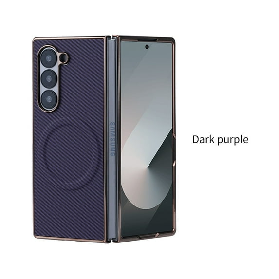 ELEHOLD Magnetic Case For Samsung Galaxy Z Fold 6, Compatible with Mag-safe,Carbon Fiber Texture Design Leather Shockproof Lightweight Slim Rugged Case for Men and Women,Purple