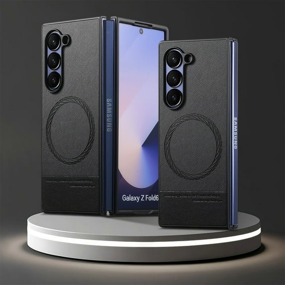 ELEHOLD Magnetic Case for Samsung Galaxy Z Fold 6, Slim Lightweight Faux Leather Non-Slip Rugged Anti-Scratch Shockproof Case, Wireless Charging Compatible,Black