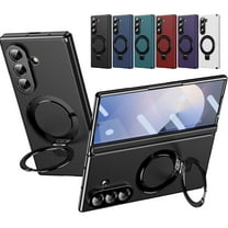 ELEHOLD Magnetic Case for Samsung Galaxy Z Fold 7 5G with Screen Protector, Shockproof Leather Hinge Protection Cover Ring Kickstand Slim Protective Magnetic Phone Case, Black