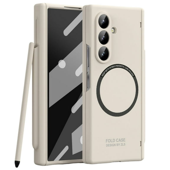 ELEHOLD Magnetic Case for Samsung Galaxy Z Fold 7 with Screen Protector, Shockproof Skin-Friendly Hinge Protection Scratch-Resistant All-Inclusive Protective Cover With S Pen Holder+Stylus,Beige