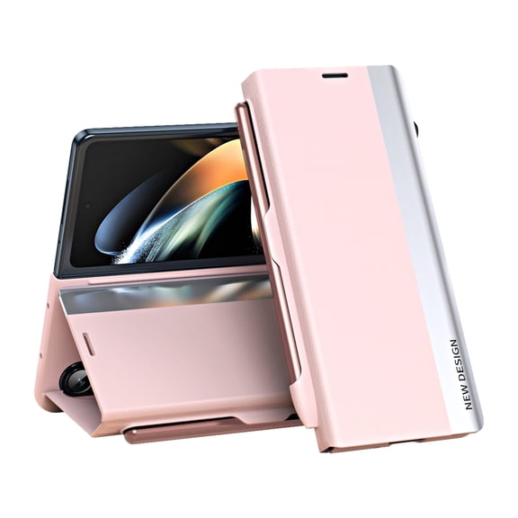 ELEHOLD Magnetic Case for Samsung Galaxy Z Fold 7, Slim Leather Case with Pen Slot Kickstand Function Complimentary Stylus Full Body Protection Plating Case for Galaxy Z Fold 7, Pink