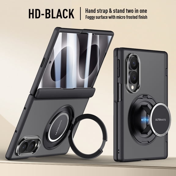 ELEHOLD Magnetic Case for Samsung Galaxy Z Fold8, Rigid PC Frosted Matte Cover with 360 Rotating Ring Stand, Built in HD Glass Screen Protector, Black