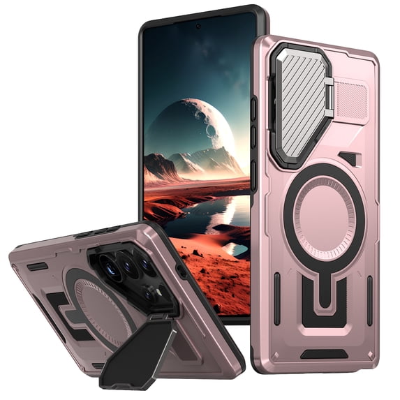 ELEHOLD Magnetic Case for Samsung Galaxy S24+, Military Grade Shockproof Rugged Case Built-in Metal Camera Cover with Stand,Rosegold