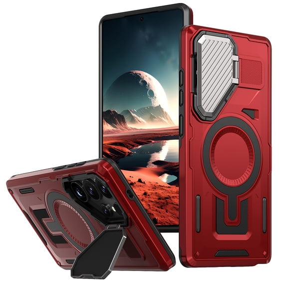 ELEHOLD Magnetic Case for Samsung Galaxy S24 Ultra, Military Grade Shockproof Rugged Case Built-in Metal Camera Cover with Stand,Red
