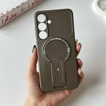 ELEHOLD Magnetic Case for Samsung Galaxy S25 FE, Carbon Fiber Texture Shockproof Phone Case with Kickstand, Wireless Charging Compatible,Brown