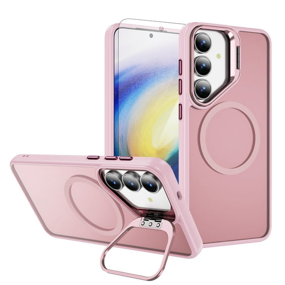 ELEHOLD Magnetic Case for Samsung Galaxy S25 FE, Slim Shockproof Matte Phone Case Hybrid Cover with Kickstand and Screen Protector,Pink