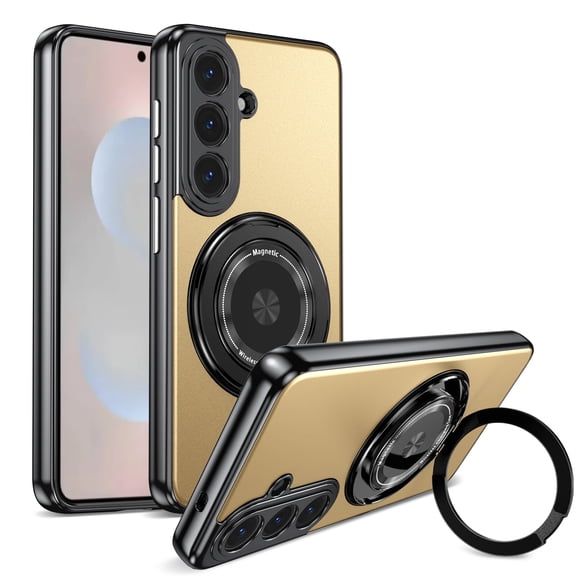 ELEHOLD Magnetic Case for Samsung Galaxy S26, Shockproof Matte Rigid Plastic Case with 360° Rotatable Ring Holder, Compatible Wireless Charging,Gold