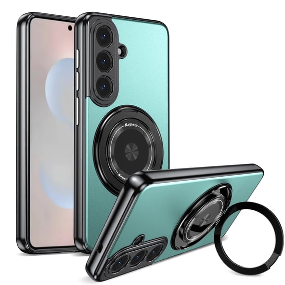 ELEHOLD Magnetic Case for Samsung Galaxy S26, Shockproof Matte Rigid Plastic Case with 360° Rotatable Ring Holder, Compatible Wireless Charging,Green