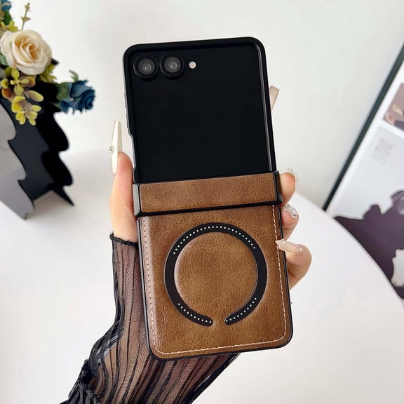 ELEHOLD Magnetic Case for Samsung Galaxy Z Flip 7, Slim Shockproof Rigid Plastic Faux Leather Hinge Protective Cover, Brown