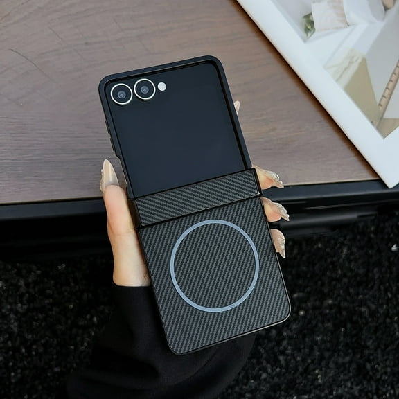ELEHOLD Magnetic Case for Samsung Galaxy Z Flip 7, Ultra-Slim Carbon Fiber Texture Cover Shockproof Protective Shell, Wireless Charging Ready,Black