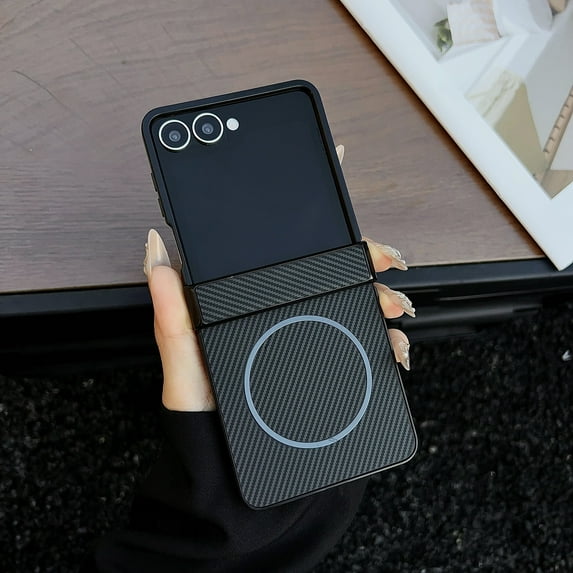 ELEHOLD Magnetic Case for Samsung Galaxy Z Flip 7, Ultra-Slim Carbon Fiber Texture Cover Shockproof Protective Shell, Wireless Charging Ready,Black