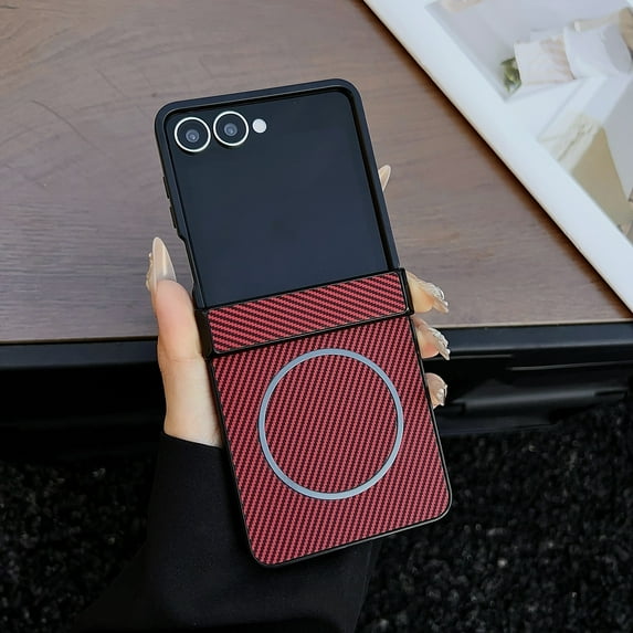 ELEHOLD Magnetic Case for Samsung Galaxy Z Flip 7, Ultra-Slim Carbon Fiber Texture Cover Shockproof Protective Shell, Wireless Charging Ready,Red