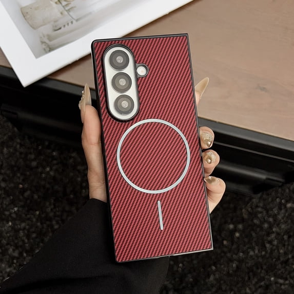 ELEHOLD Magnetic Case for Samsung Galaxy Z Fold 5, Ultra-Slim Carbon Fiber Texture Cover Shockproof Protective Shell, Wireless Charging Ready,Red