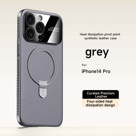 ELEHOLD Magnetic Case for iPhone 14 Pro, Shockproof Leather + PC + TPU Protective Case with Stand, Heat Dissipation,Gray