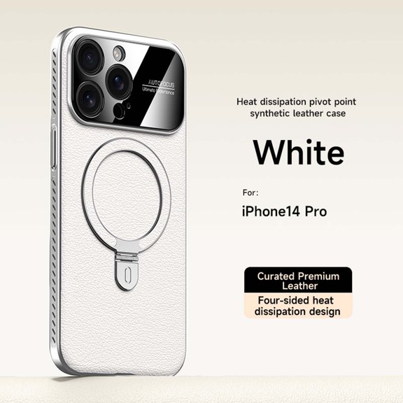 ELEHOLD Magnetic Case for iPhone 14 Pro, Shockproof Leather + PC + TPU Protective Case with Stand, Heat Dissipation,White