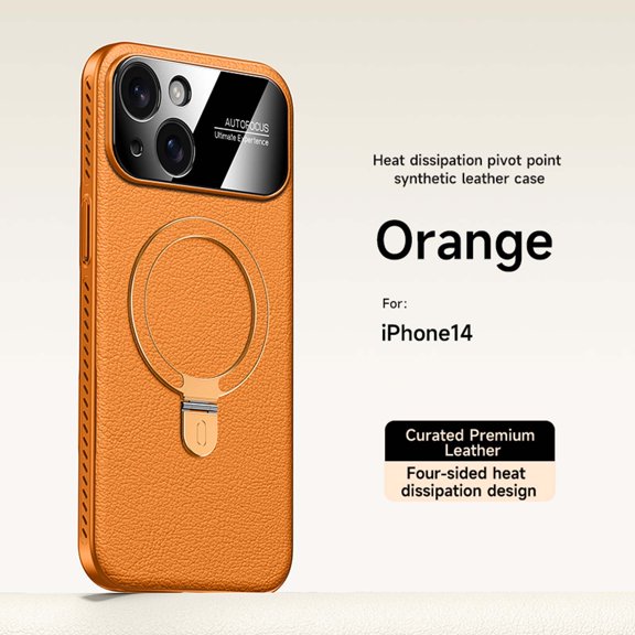 ELEHOLD Magnetic Case for iPhone 14, Shockproof Leather + PC + TPU Protective Case with Stand, Heat Dissipation,Orange