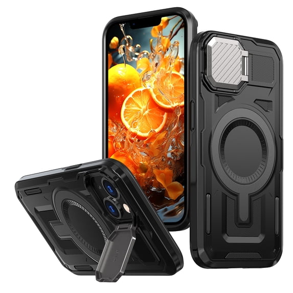 ELEHOLD Magnetic Case for iPhone 15, Military Grade Shockproof Rugged Case Built-in Metal Camera Cover with Stand,Black