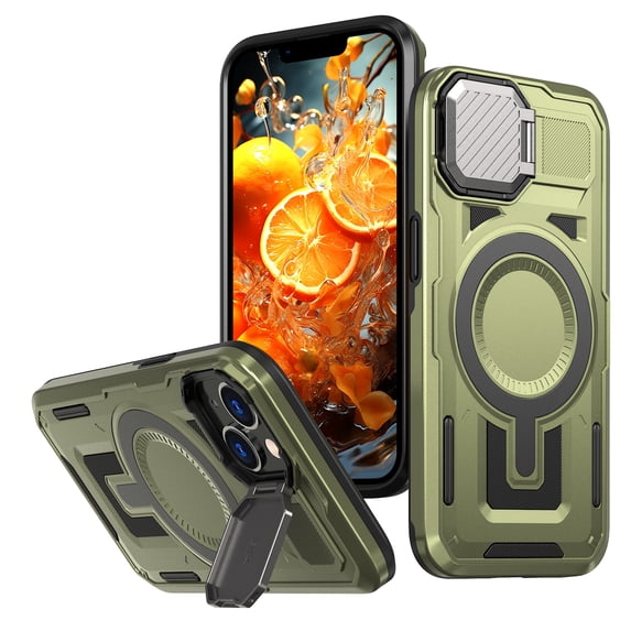 ELEHOLD Magnetic Case for iPhone 15, Military Grade Shockproof Rugged Case Built-in Metal Camera Cover with Stand,Olivegreen