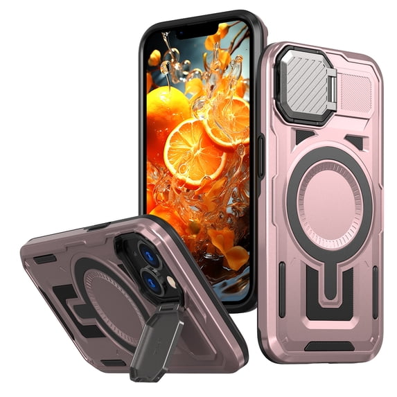 ELEHOLD Magnetic Case for iPhone 15, Military Grade Shockproof Rugged Case Built-in Metal Camera Cover with Stand,Rosegold