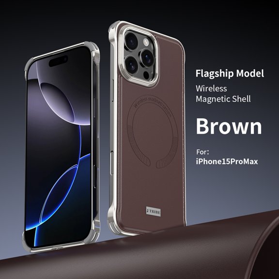 ELEHOLD Magnetic Case for iPhone 15 Pro Max, Frameless Faux Leather Shockproof Phone Case, Aluminum Alloy Bezel,Brown